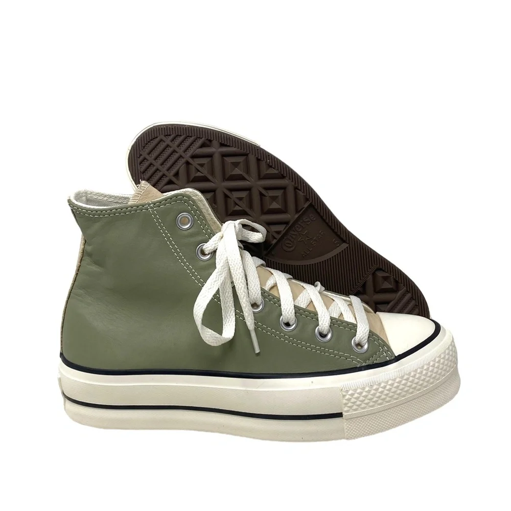 Converse Ctas Lift Platform Shoes Women Leather Green Beige Custom 568163C-WWGBG - Picture 8 of 10